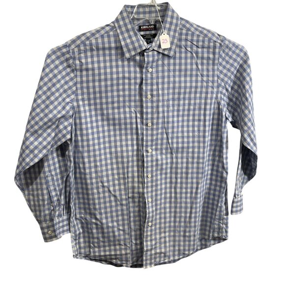 Mens Kirkland Signature Tailored Fit Non-Iron Blue & White Checkered Dress Shirt - Picture 6 of 7